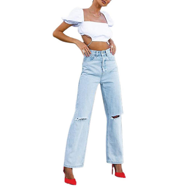 Dame Høj Talje Flåede Denim Bukser Løse Jeans med Lige Ben Blue 2XL