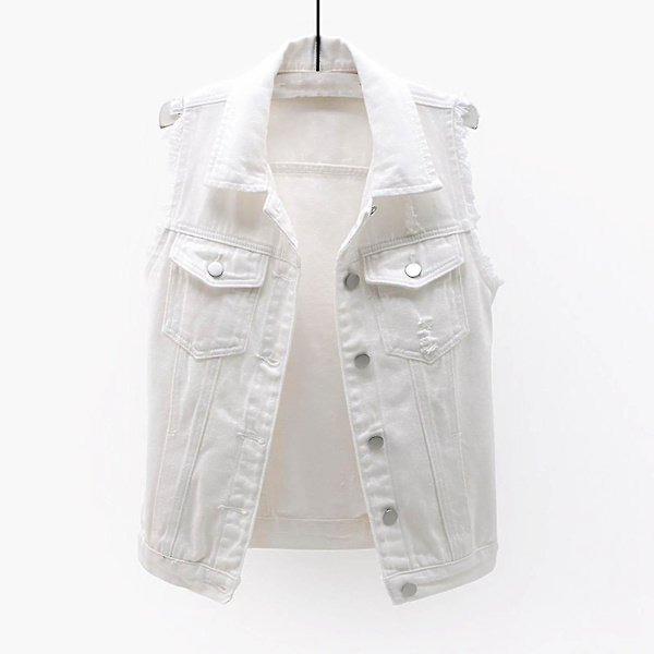 Dam Vår Och Höst Kappor Enfärgad Ärmlös Jeansjacka Ytterkläder White XXL