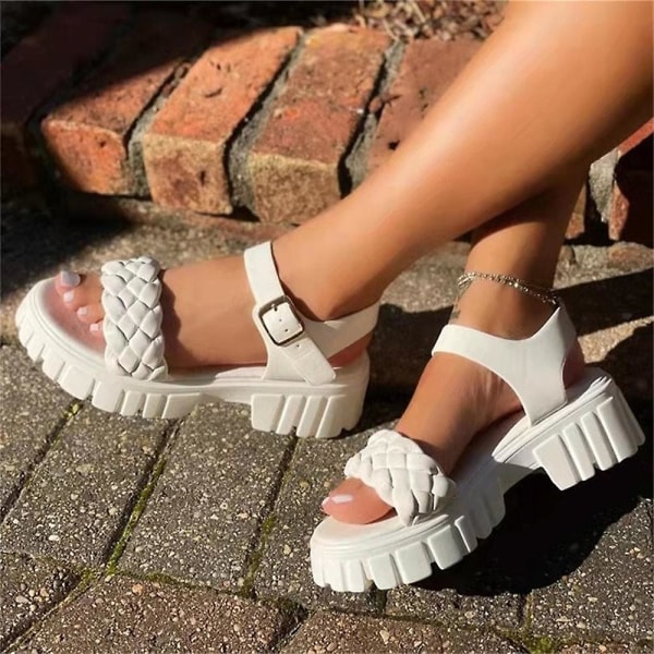 Sandaler med åpen tå for kvinner, sko med stropper og plattform, ankelstropp med spenne Red 39