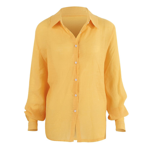 Dam V-ringad T-shirt Långärmad Knäppning Blusar Toppar Yellow M