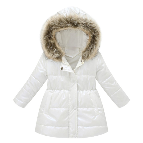 Tyttöjen talvitakki, kirkas ja kiiltävä, puolipitkä takki hupulla White 140cm