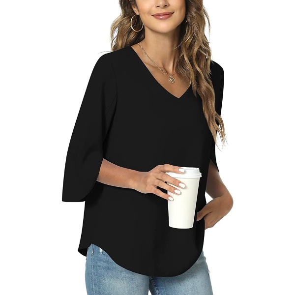 Sommer Casual Skjorte til Kvinder, Løs Tunika Top med V-hals til Leggings, Slids 3/4 Ærmer Chiffon Bluse Black Large