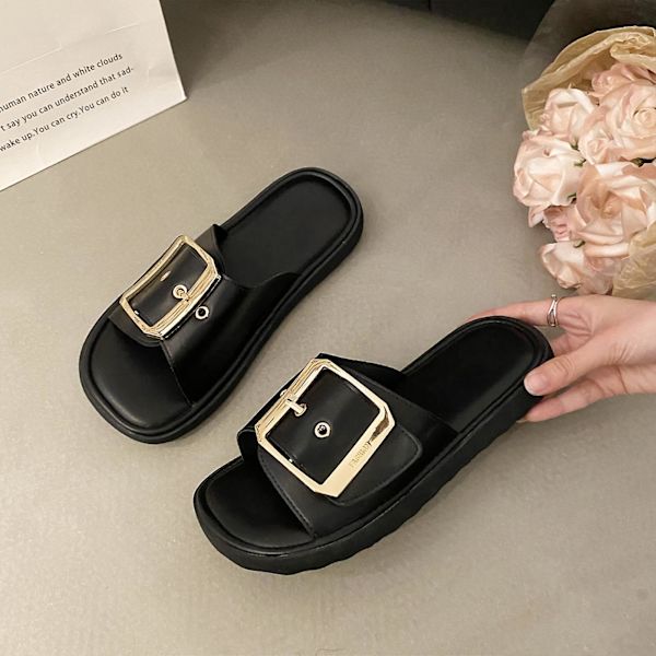 Sommarsandaler för damer, halkfria, snabbtorkande, tjocka, med spänne, dekorativa tofflor, födelsedagspresenter till damer Black 40