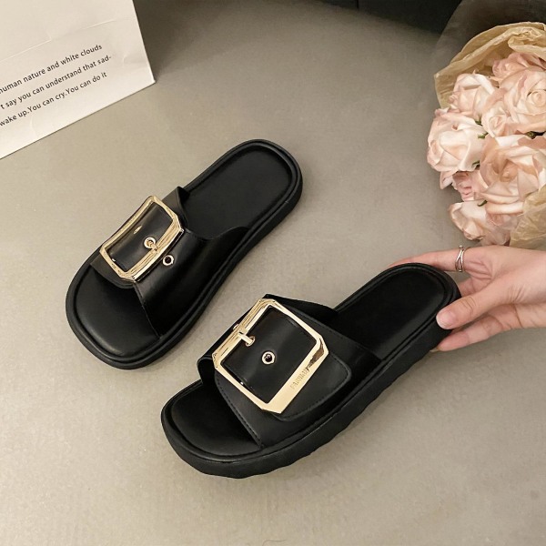 Sommer sandaler til kvinder, skridsikre, hurtigtørrende, tykke spænder, dekorative slippers, fødselsdagsgaver til damer Black 39
