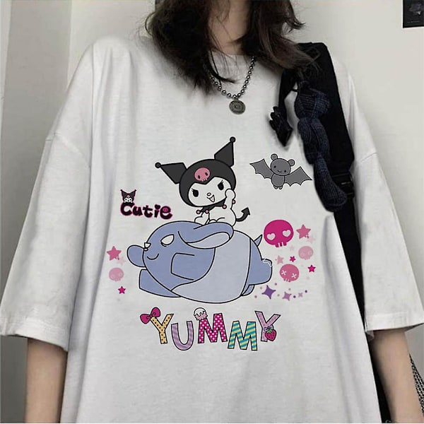 Kuromi Anime Tegneserie Print T-shirt Kvinder Teenagere Kortærmet Top Sommer Afslappet Løse Toppe Rund Hals Harajuku T-shirts White XL