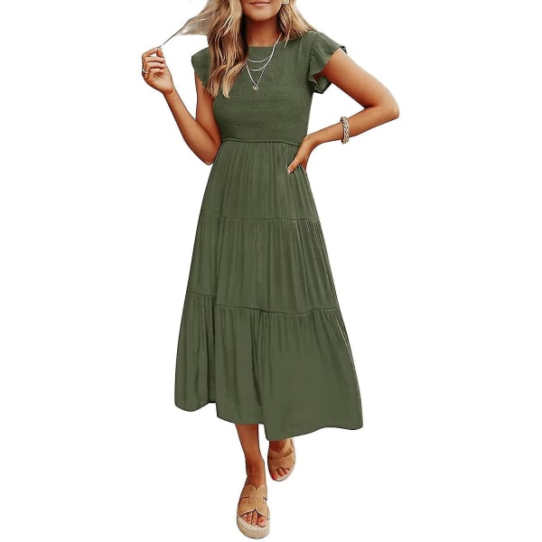 Sommerlig afslappet midi-kjole til kvinder med korte flæseærmer, rund hals, smock og elastisk talje Armygreen XLarge
