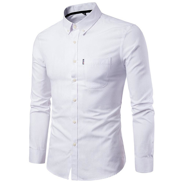 Herre Ensfarvet Knap-op Formelle Skjorter Langærmet Slim Fit Revers Skjorte Business Toppe White M