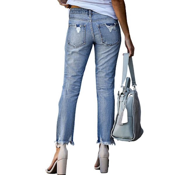 Dam Trasiga Boyfriend Jeans Denim Ripped Frayed Byxor Slim Fit Light Blue 2XL