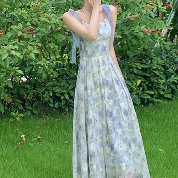 Dam Camisole Blommig Klänning Polyester Material Fyrkantig Krage Klänning För Utomhusresor Strandfest XL
