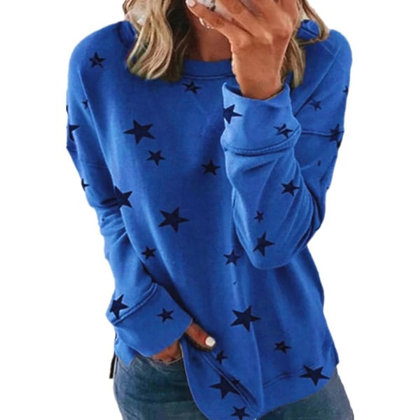 Dame Casual Stjerne Trykket Langermet Rund Hals T-skjorte Tunika Topper Bluse Pluss Størrelse Høst Royal Blue 4XL