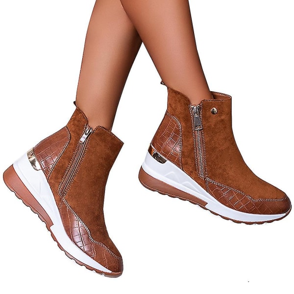 Dame Kilehæl Ankelstøvletter Glidelås Høy Topp Sneakers Treningssko Brown 36