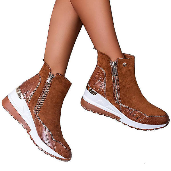 Dame Wedge Ankelstøvler Lynlås High Top Sneakers Træningssko Brown 40