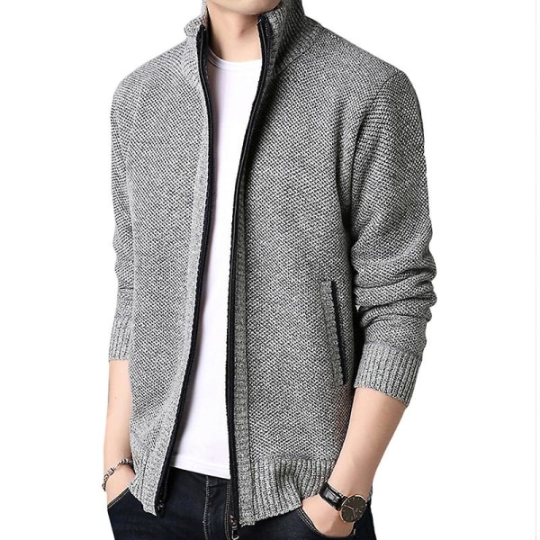 Herre Ull Strikket Trakt Hals Cardigan Jakke Glidelås Genser Topper Light Grey 3XL