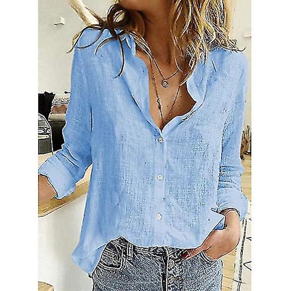 Dam V-ringad T-shirt Långärmad Knäppning Blusar Toppar Blue M