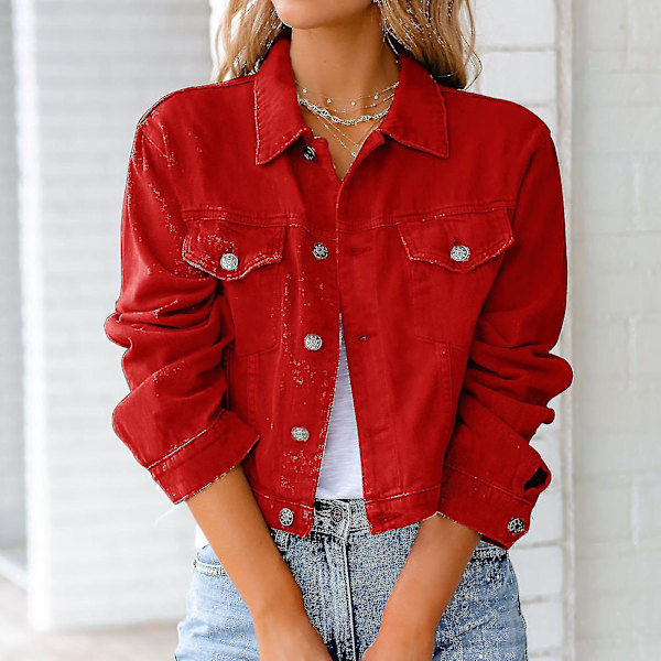 Dam Solid Jeansjacka Långärmad Ming Kofta Kostym Ficka Kappa Topp Red L