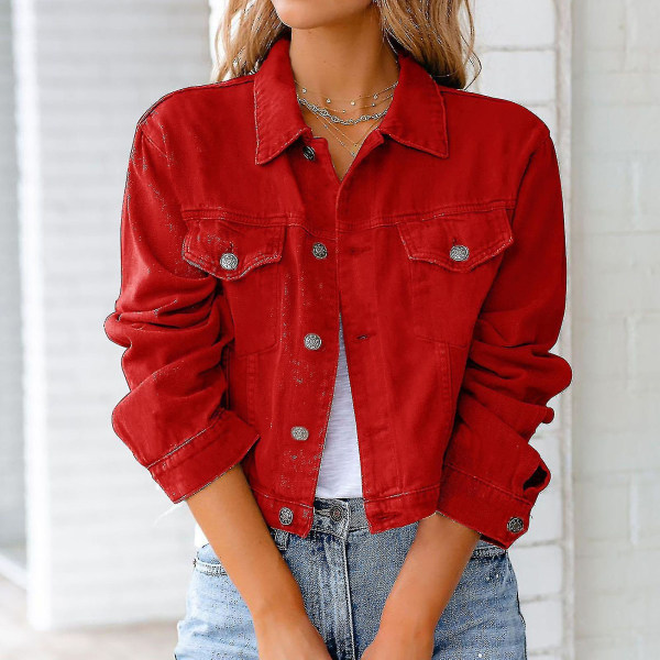 Kvinnor Solid Denim Jacka Långärmad Ming Cardigan Suit Pocket Coat Topp Red L