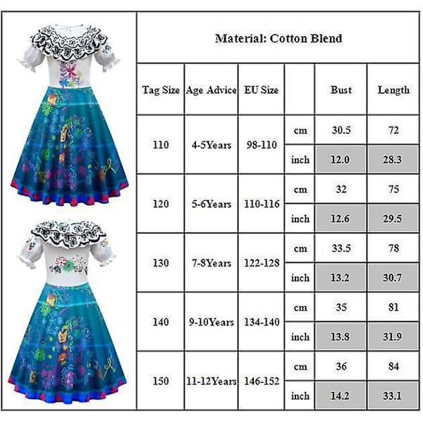 Tyttöjen Encanto Mirabel Madrigal -mekko Puku Cosplay Mirabel Prinsessamekot Asu 4-5 Years
