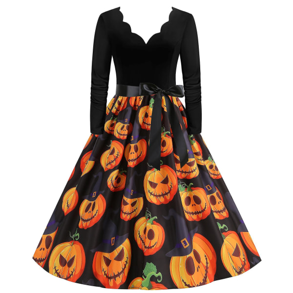 Halloween Kostym Klänningar Dam Skelett Pumpa Tryckt Casual Fåll Klänning Fest COLOR 6 M