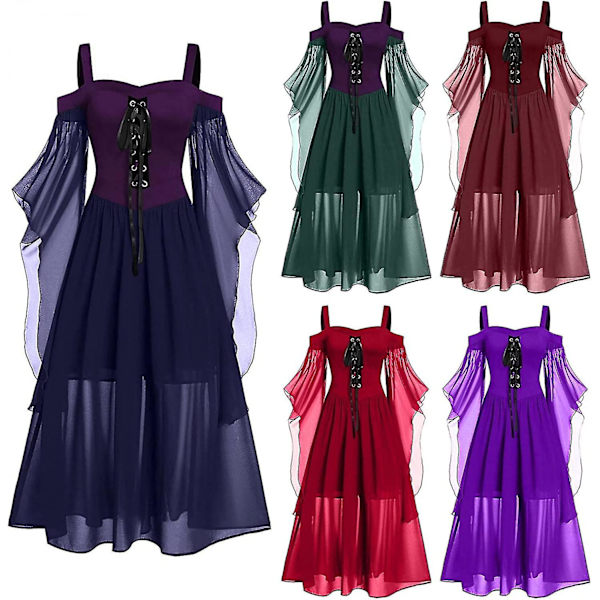 Maxikjole med sommerfugleærmer til kvinder, middelalder punk gotisk tøj, sexet Halloween kostume, kjoler med kolde skuldre og korset B-red X-Large