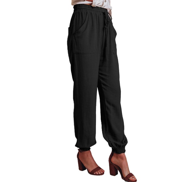 Dam Enfärgad Elastisk Midja Dragsko Joggers Snörning Långbyxor Casual Byxor Black M
