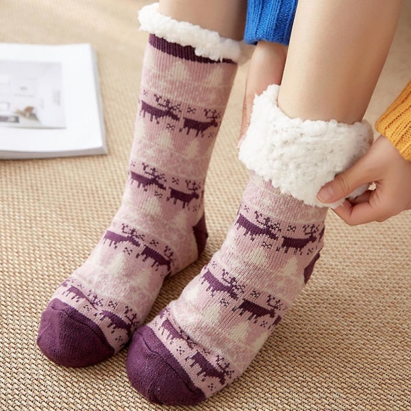 Damstrumpor Mellanvad Extra Tjocka Fleecefodrade Mjuka Mysiga Toffelsockor Purple Deer