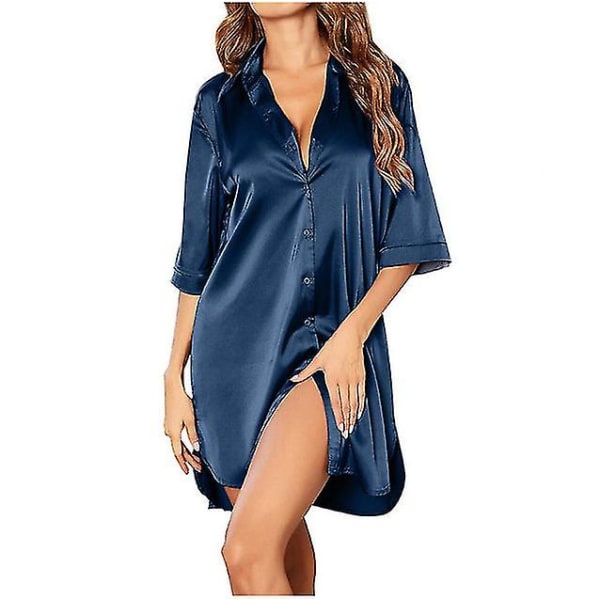Dame Ensfarget Nattkjole Ensfarget Halv Erm Single Breasted Løs Nattkjole For Hjemmebruk Sateng Silke Nattøy Navy Blue S
