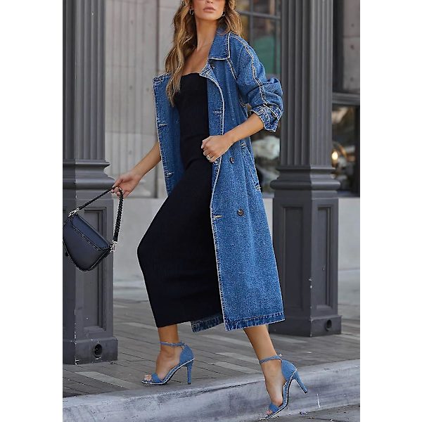 Naisten Vintage Midi Pitkä Farkkutakki, Väljä Malli, Kaksinappinen Denim-trenssi Vyöllä Denim Blue Small
