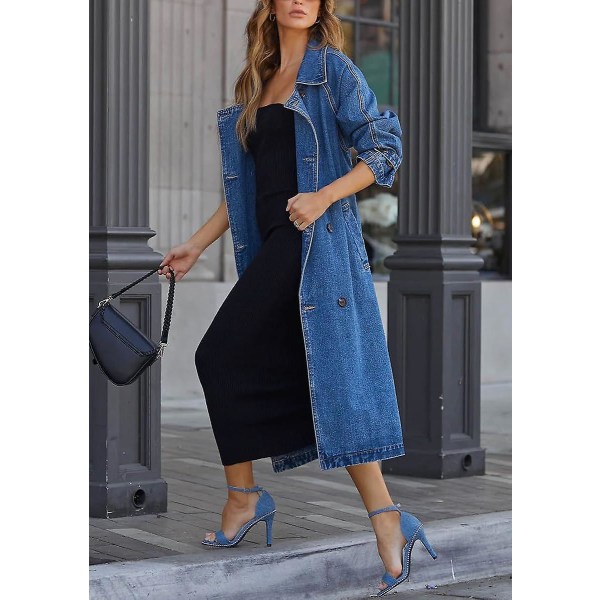 Naisten Vintage Midi Pitkä Farkkutakki, Väljä Malli, Kaksinappinen Denim-trenssi Vyöllä Denim Blue XX-Large