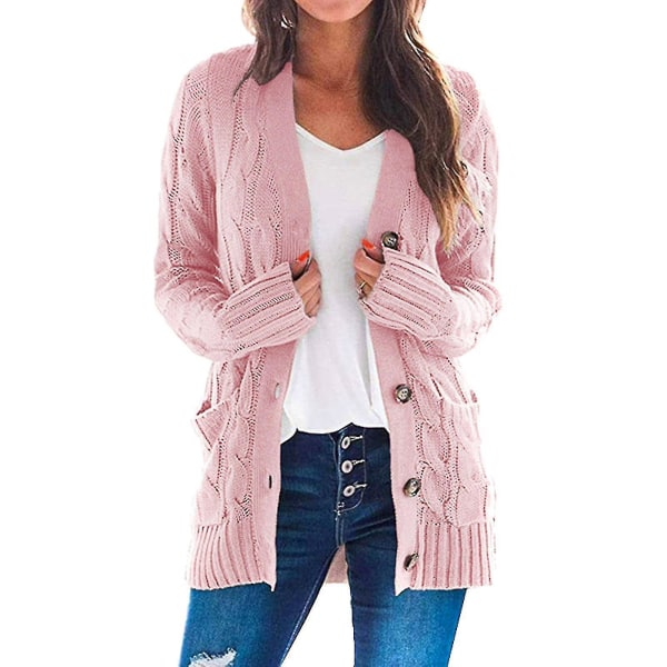 Långärmad kabelstickad kofta för kvinnor med casual kappa i en enfärgad ficka Pink XL