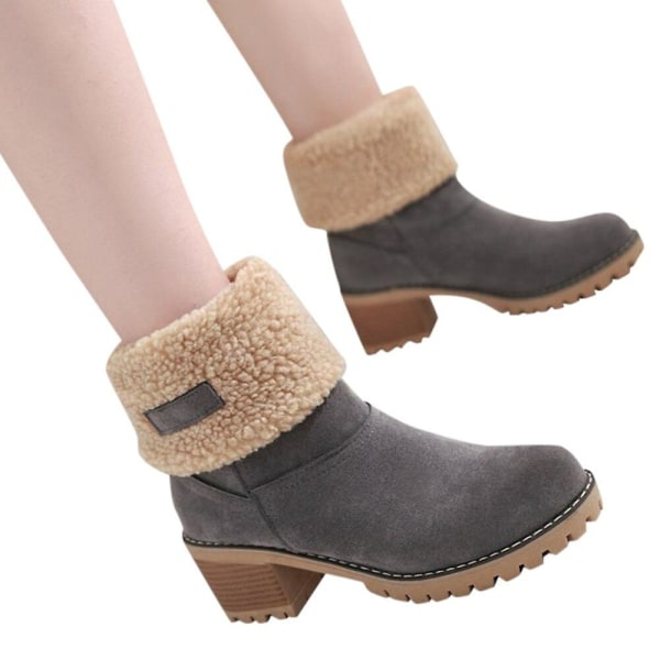 Dame Vinterstøvler Korte Sne Flock Varme Støvletter Sko Slip On Korte Ankel Chunky Hæl Støvler Grey 40