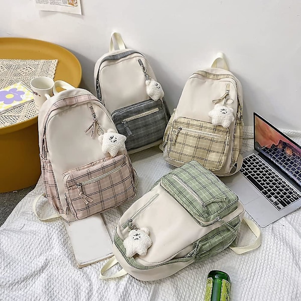 Kawaii Ryggsäck Med Hänge Söt Ryggsäck Rutig Estetisk Ryggsäck Skolväska För Flickor Tonåringar Tillbaka Till Skolan Ryggsäckar Khaki