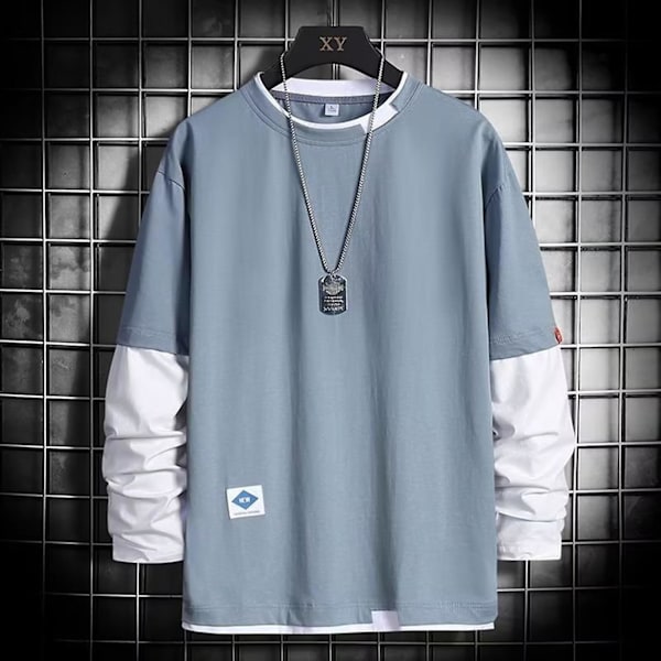 Miesten pyöreäkauluksinen pusero, kontrastivärinen, pitkähihainen T-paita rentoon päivittäiseen käyttöön, juhliin ja kouluun 352 Blue 2XL