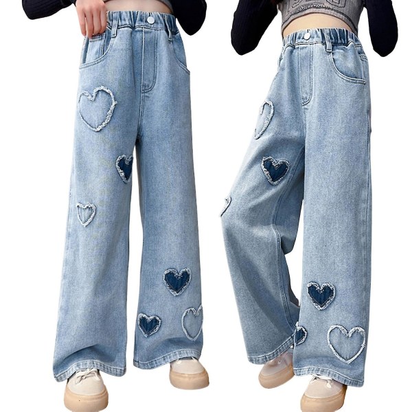 Jenter Vide Ben Denim Bukser Elastisk Midje Hjerte Mønster Trykk Jeans For Ferie Hverdagsbruk Skole Blue 170