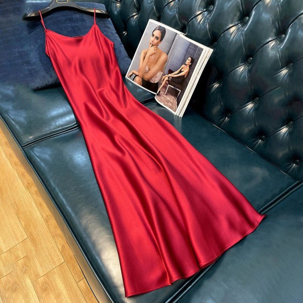 Ærmeløse Bodycon Kjoler til Kvinder Forår Spaghetti Satin Lange Kjoler Til Privat Strand Pool Party Red 4XL