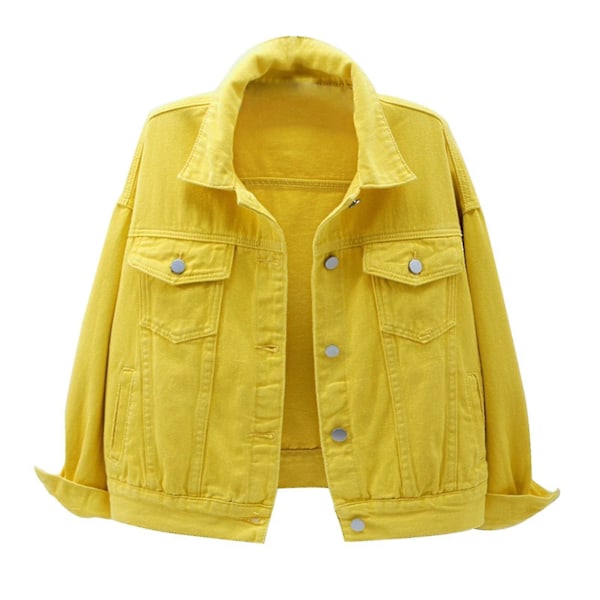 Dam Vår och Höst Jackor Varm Enfärgad Långärmad Jeansjacka Ytterkläder Yellow M