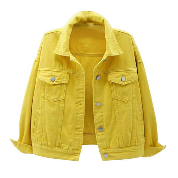 Dame Forår og Efterår Frakker Varm Ensfarvet Langærmet Denim Jakke Overtøj Yellow M