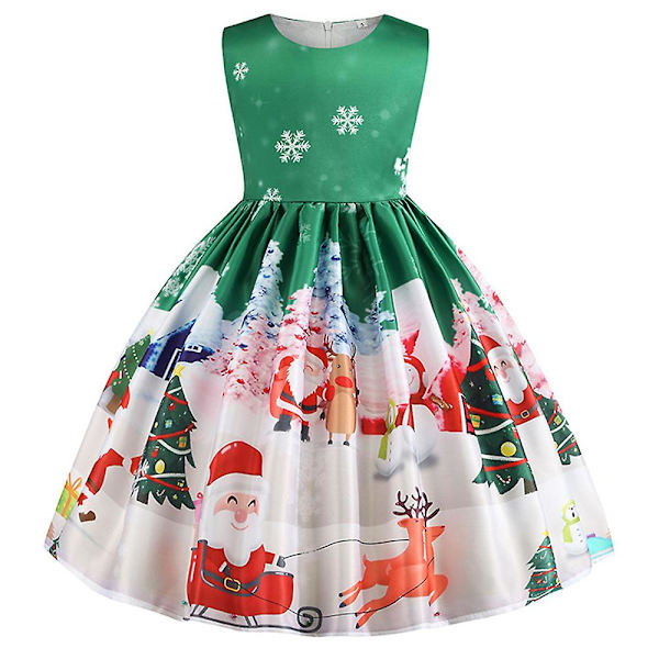 Flickor Julmönstrad Ärmlös Prinsessbalklänning Festklänning Julparty Swing Klänning Green 4-5 Years