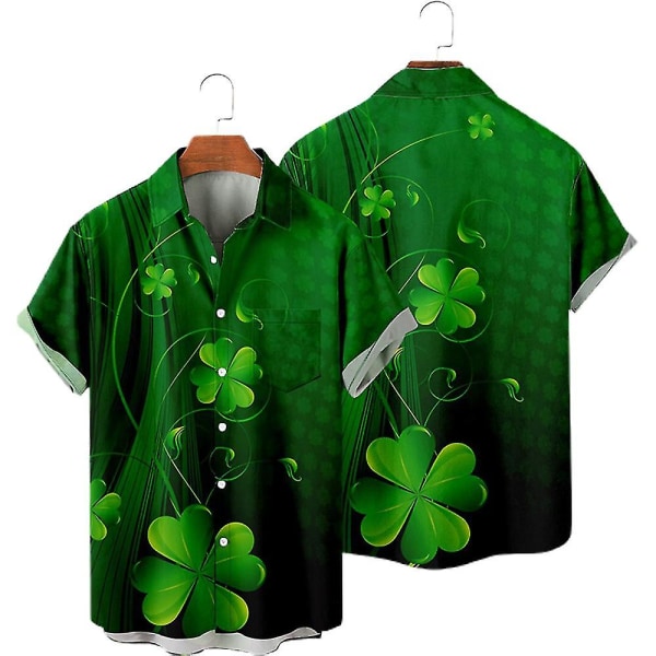 Män St. Patrick's Day Lucky Clover Printed Beach Shirts Kortärmad Button Down Shirt Irish Shamrock Shirts B 3XL