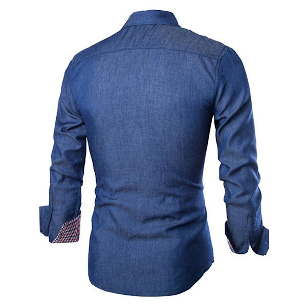Herre Knapper Op Denim Skjorte Casual Business Langærmet Revers T-shirt Toppe Dark Blue M