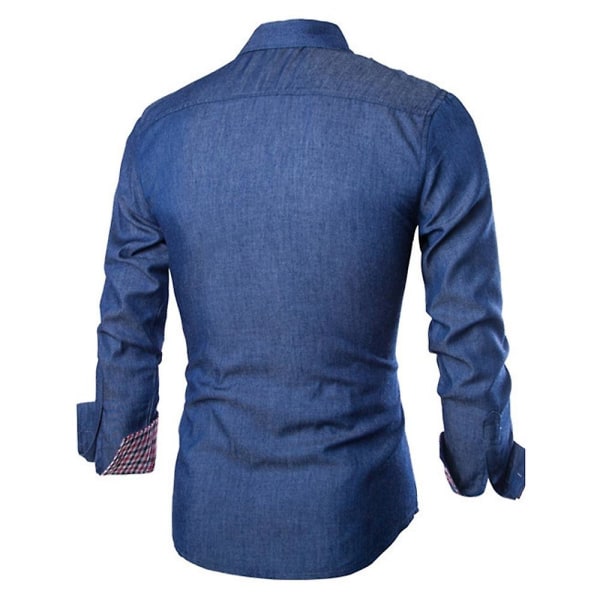 Herre Knapper Opp Denim Skjorte Casual Business Langermet Revers Krage T-skjorte Topper Dark Blue M