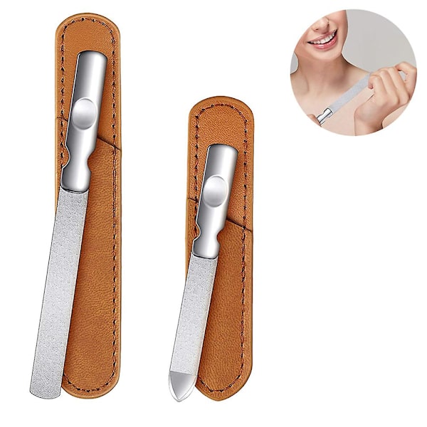 2 st Rostfria Nagelfilar Med Läderfodral, Dubbelsidiga Metallnagelfilar