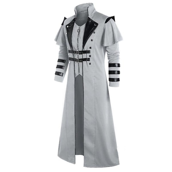 Vintage Halloween Medeltida Steampunk Assassin Alver Piratdräkt Vuxen Män Svart Lång Delad Jacka Gotisk Rustning Läderrockar Gray M