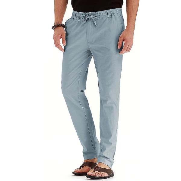 Herre Solid Elastisk Midje Lange Bukser Snøring Rett Ben Casual Bukser Blue M