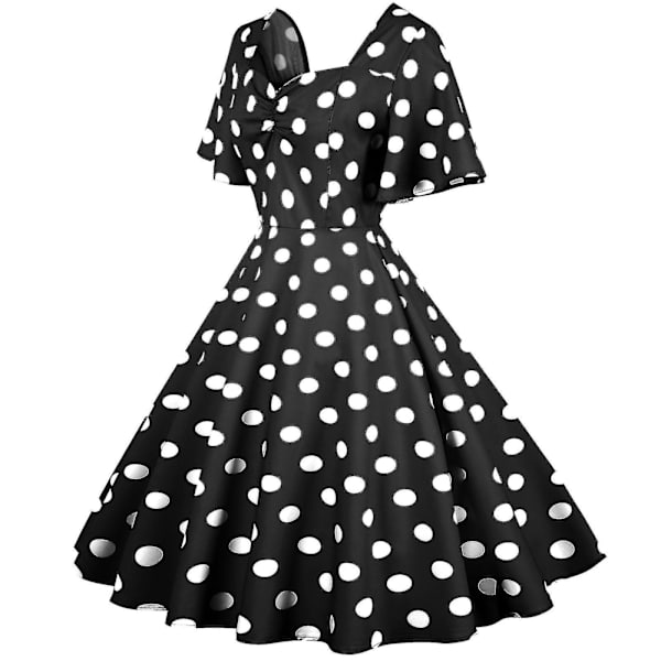 Kvinnors Retro Resestil Vågsöm Kortärmad Prickig Midilång Klänning Black XL