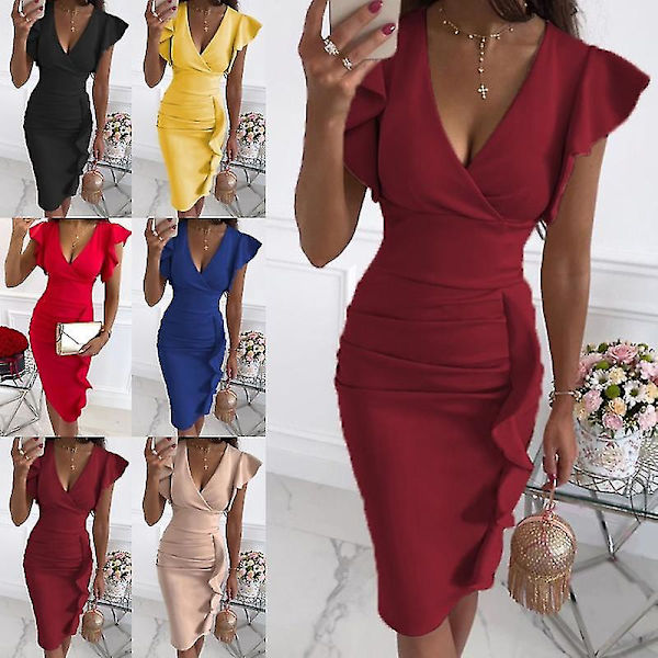 Dame V-hals Flæse Bodycon Midi Kjole Damer Plisseret Ol Arbejde Lille Festkjole Wine Red XL