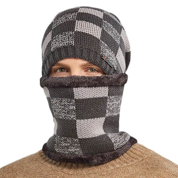 Miesten ruutukuvioinen pipo fleecevuorella, hiihtomyssy, tuubihuivi, kauluri, kääresetti Grey - Hat and Scarf