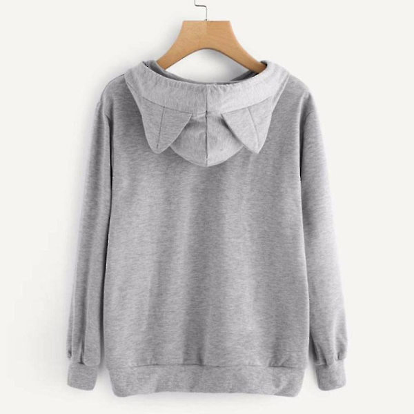 Kvinnor Hoodies Sweatshirt Kawaii Rosa Höst Cartoon Katt Mönster Långärmad Moletom Hoodie Sweatshirts Öra Hooed Mujer 02 Grey L