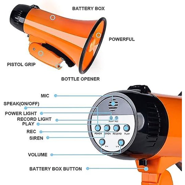 Bærbar Megafon Bullhorn 20 Watt Effekt Megafon Høyttaler Stemme Og Sirene/alarm Moduser Med Volumkontroll Og Stropp orange