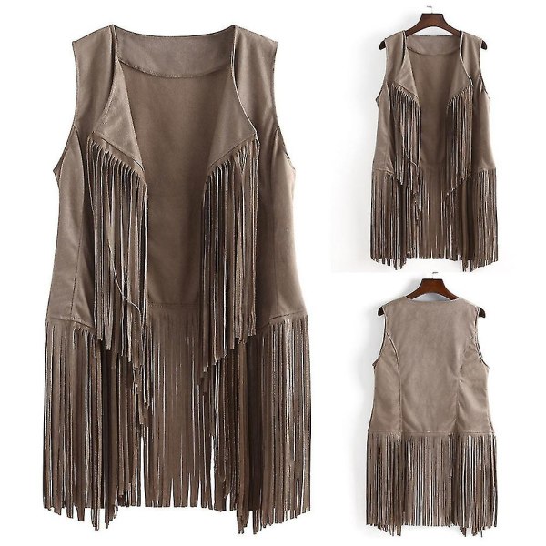 1970-talls Dame Dusk Ermeløs Jakkevest 70-talls Hippie Imitert Semsket Skinn Vest Jakke Cardigan Beige M