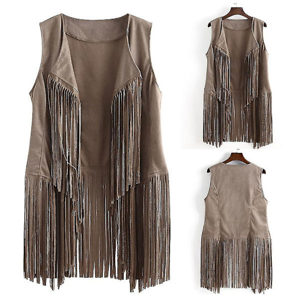 1970'er Dame Tassel Ærmeløs Revers Vest 70'er Hippie Faux Suede Frynset Veste Jakke Cardigan Beige L